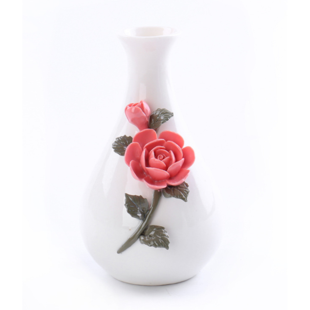 Glazed Ceramic Flower Vase With A 3D Rose